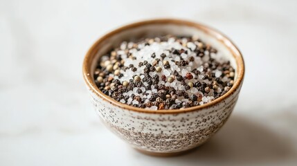 Ceramic Bowl Filled with Sea Salt Crystals and Colorful Black Pepper Blend on Marble Surface