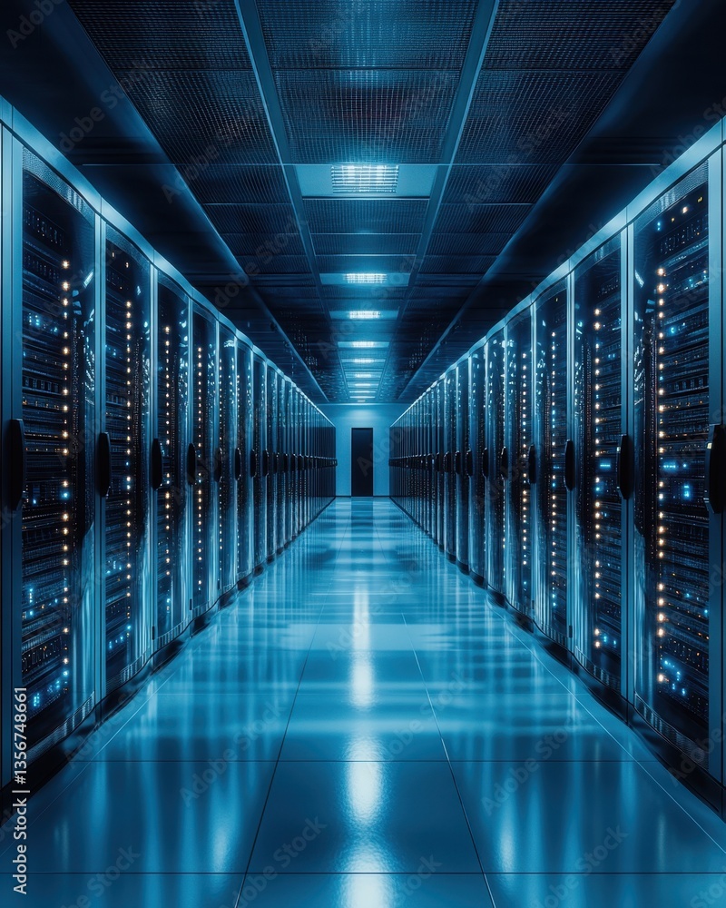 Poster data center corridor with servers and glowing lights in a symmetrical perspective view for technolog