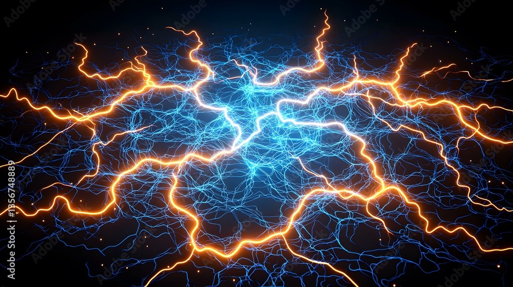 Poster the image shows a complex network of glowing blue and orange lines resembling electrical currents or