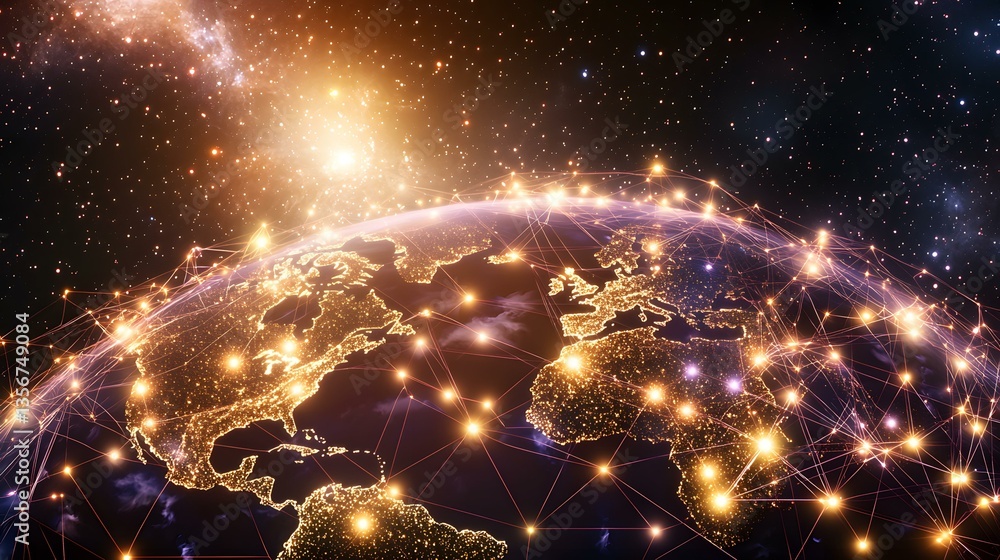 Poster the image shows a stylized depiction of the earth at night, illuminated by city lights, enveloped in