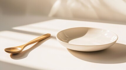 Minimalist still life of ceramic bowl and wooden spoon with bright sunlight casting a soft shadow