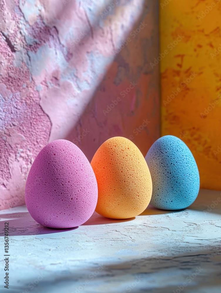 Aufkleber colorful cosmetic sponges arranged on textured surface creating a vibrant and playful composition wi