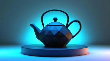 Geometric Teapot on Platform, Neon Light Background