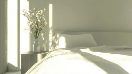Serene morning light illuminating a cozy bedroom interior with white linen and floral arrangement clean design