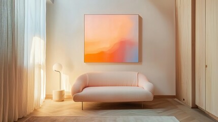 Elegant Living Room Interior with Artistic Painting Pink Sofa and Natural Light Minimalist Style
