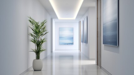 Serene Interior Scene Capturing a Tranquil Corridor with Lush Plant and Modern Art Accentuation