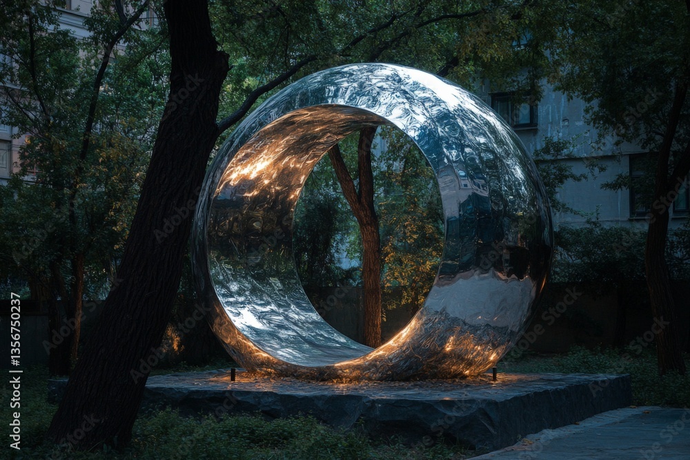 Poster sculpture illuminated at dusk in a serene urban park with trees surrounding