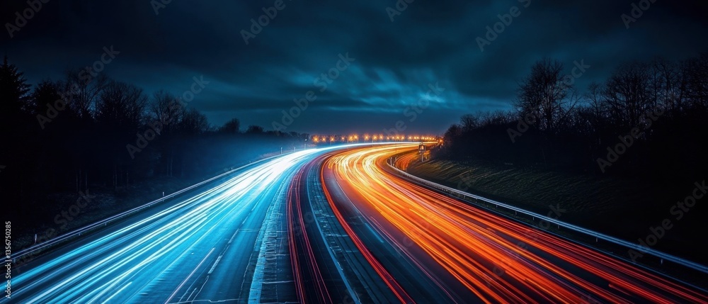 Poster dynamic highway at night with blurred car light trails under a dark sky creating a sense of speed an