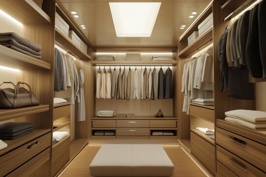 Walk in closet interior modern wooden design illuminated storage system for clothes and accessories