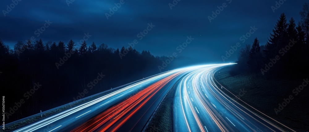 Poster dynamic highway at night with blurred car lights creating streaks of motion under a dark sky and for