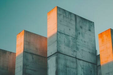Abstract architectural structures with sunlight casting shadows against a clear sky at sunset
