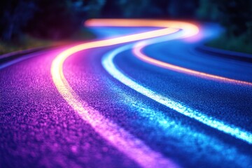 Captivating long exposure of winding road at night with vibrant neon lights creating a futuristic and dynamic scene