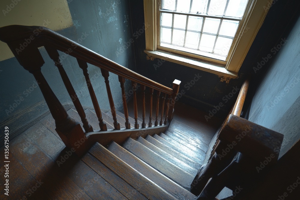 Poster wooden staircase leading down with natural light streaming through a window in an old building