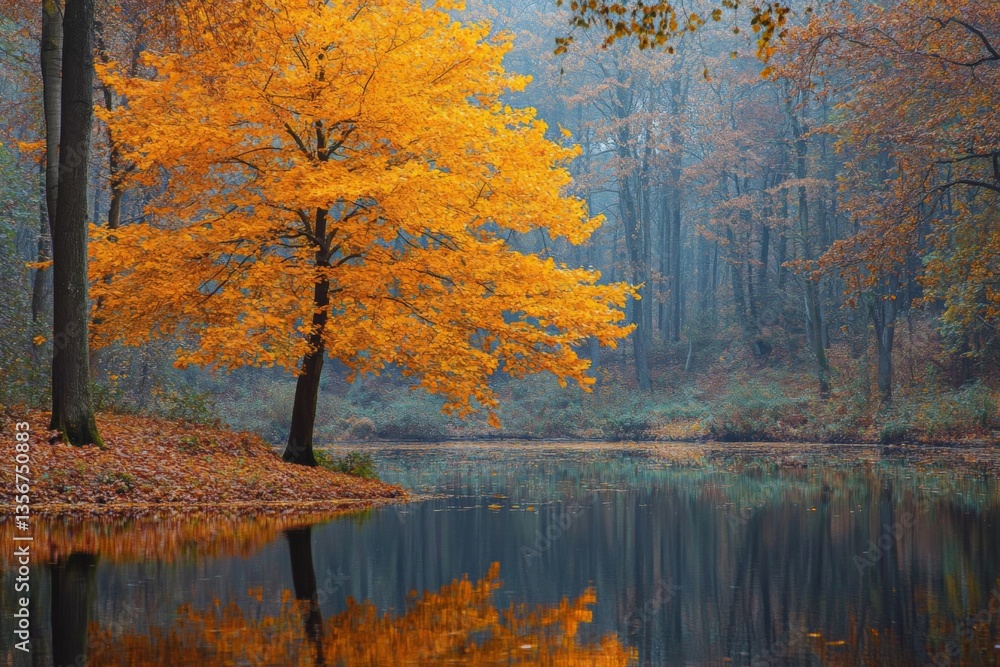Poster autumn tree with bright orange leaves reflecting in a calm lake surrounded by fog in a tranquil fore