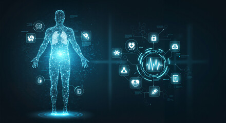 Futuristic approach to medical technology and AI diagnostics, digital healthcare illustration