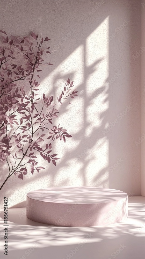 Poster soft pink hues illuminate a minimalist indoor space where a round pedestal sits gracefully. delicate