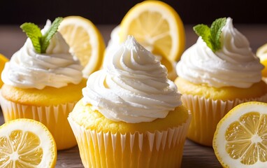 Delicious Lemon Cupcakes with Whipped Cream and Mint