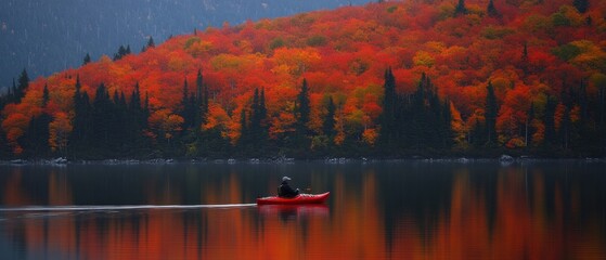 Serene autumn lake reflecting vibrant foliage with kayaker paddling through tranquil waters amidst colorful forest landscape