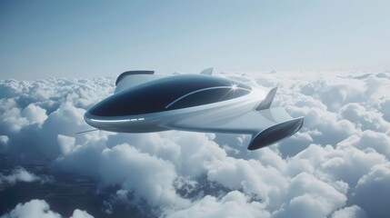 Futuristic flying vehicle soaring above fluffy clouds, showcasing advanced aerodynamics and technology
