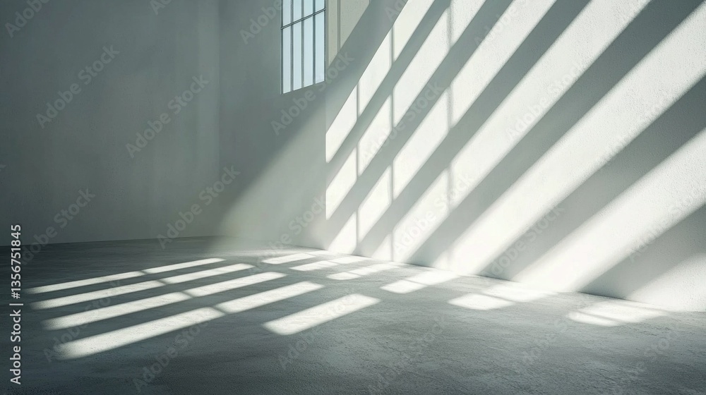 Poster sunlight streams through a large window, casting striking shadows on the plain concrete floor, creat