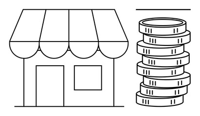 Retail shop with awning next to stacked coins symbolizing commerce, savings, profit, sales growth, entrepreneurship, small business, and investment. Ideal for financial growth and business ideas in