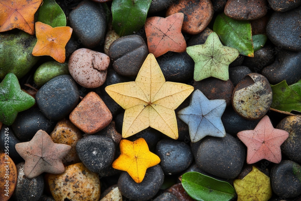 Aufkleber Colorful leaves arranged on dark pebbles create a striking visual display in a natural setting