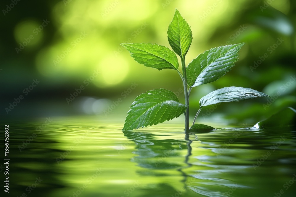 Aufkleber green plant emerging from calm water surface in a serene natural setting during the day