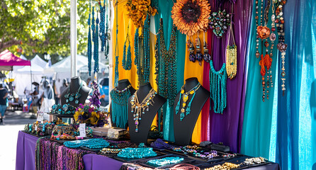Fototapeta premium Vibrant Jewelry Display at Outdoor Market: A colorful and inviting jewelry display showcases a diverse collection of necklaces, earrings, and other accessories.