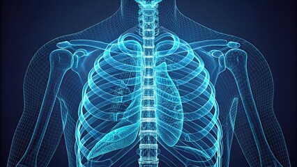 Blue glowing wireframe of human chest highlighting ribcage and lungs