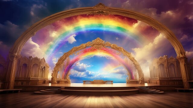 multi-tiered wooden stage set against a dramatic sky with a vibrant rainbow arching above and colorful clouds