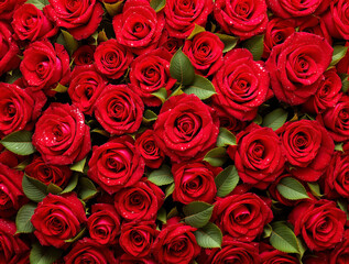 Fototapeta premium A stunning arrangement of fresh red roses with green leaves and delicate water droplets, creating a romantic and elegant floral background. Ai generative