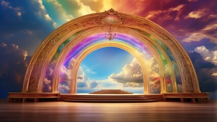 multi-tiered wooden stage set against a dramatic sky with a vibrant rainbow arching above and colorful clouds