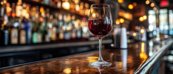 Elegant red wine in a glass on a rustic bar counter with blurred bottles and warm lighting creating a cozy inviting atmosphere
