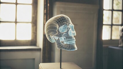 Blue wireframe skull model on display stand with digital anatomy