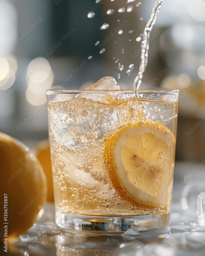Poster refreshing lemon drink with ice cubes and sparkling water creating a vibrant and inviting atmosphere