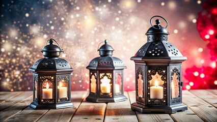 Fototapeta premium glowing-lanterns-rest-on-a-table-against-a-soft-pi