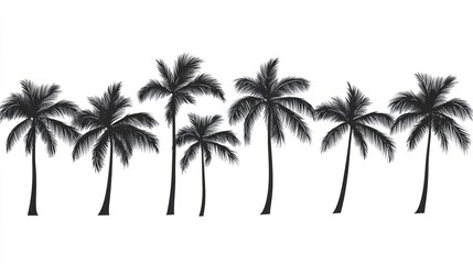 Obraz premium The scene of a row of palm trees in black and white showcases the trees' tall stature and spaced-out arrangement, creating a sense of depth and distance that fosters a serene and peaceful atmosphere