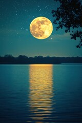 Tranquil lake reflecting a radiant full moon under a starlit sky casting a golden glow on the water surface creating a serene and magical atmosphere