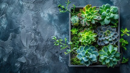 A vibrant arrangement of various succulents in a wooden planter on a textured stone surface