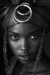 lack-and-white photography of an African woman with chains, rings on her head