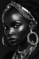lack-and-white photography of an African woman with chains, rings on her head