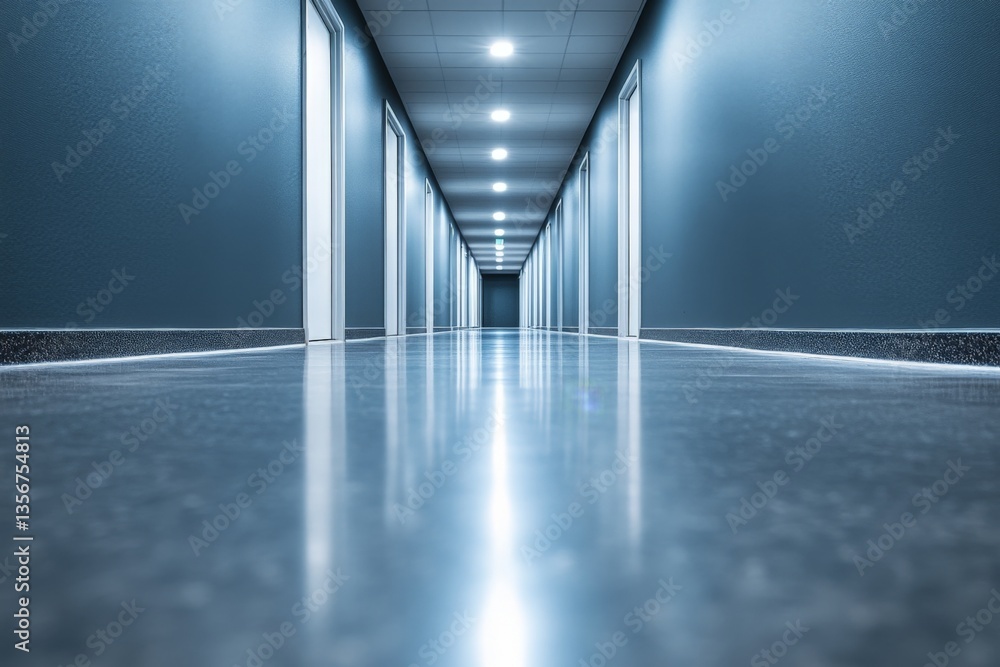 Poster Empty hallway in a modern building with soft blue lighting and polished floors
