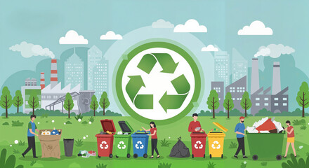 Vibrant Digital Illustration of Waste Recycling with Eco-Friendly City and Copy Space