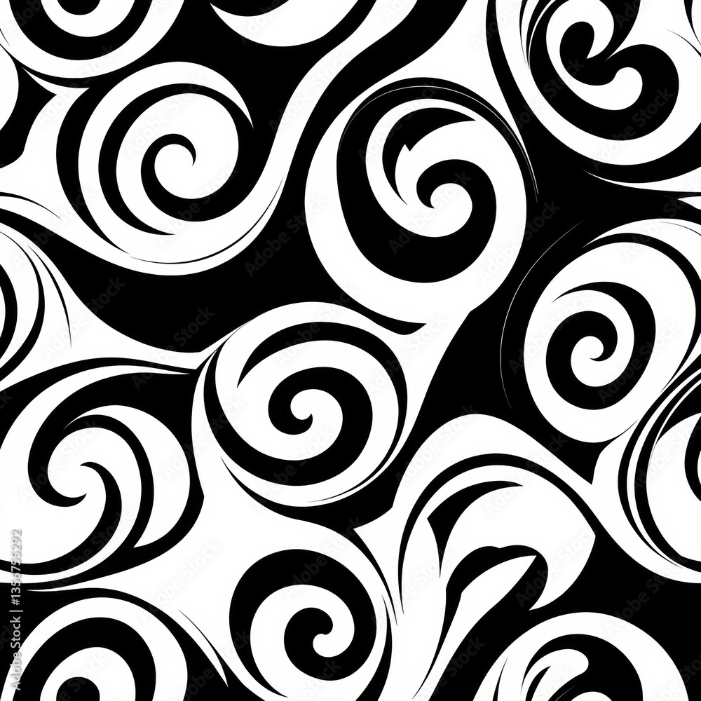 Aufkleber Seamless abstract pattern featuring monochrome spirals and geometric curves in a minimalistic design Generative AI