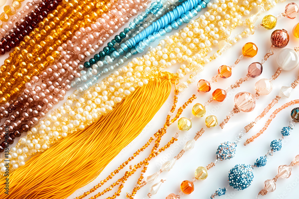 Poster array of gems: an overhead shot presents an array of jewelry elements, featuring strings of pearls, 