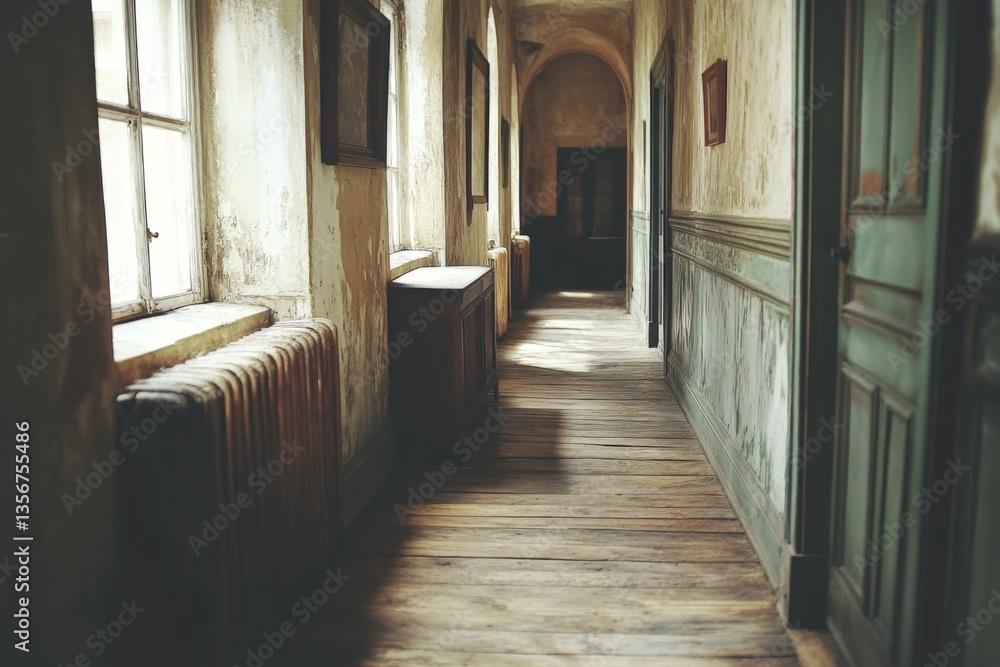 Poster abandoned corridor in an old building with natural light streaming through dusty windows