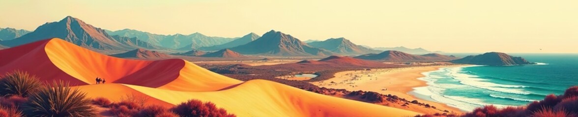 Naklejka premium Abstract collage of diverse vintage travel landscapes featuring multicolor hills, desert dunes, and coastal biomes in a trendy flat art style, mountain, banner