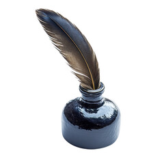 Black feather on inkwell isolated on transparent background.