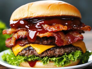 barbecue burger stacked with cheddar, crispy bacon and dripping bbq sauce