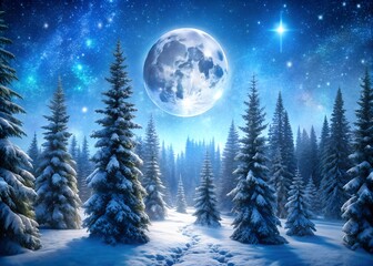 Christmas tree in snow. Winter night scene with snow-covered trees and a bright moon in the sky